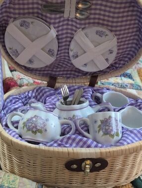 Child's Floral Tea Set with Purple Hydrangea Pattern